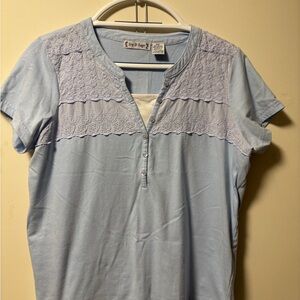 Light Blue Lace Henley Short Sleeve Top
